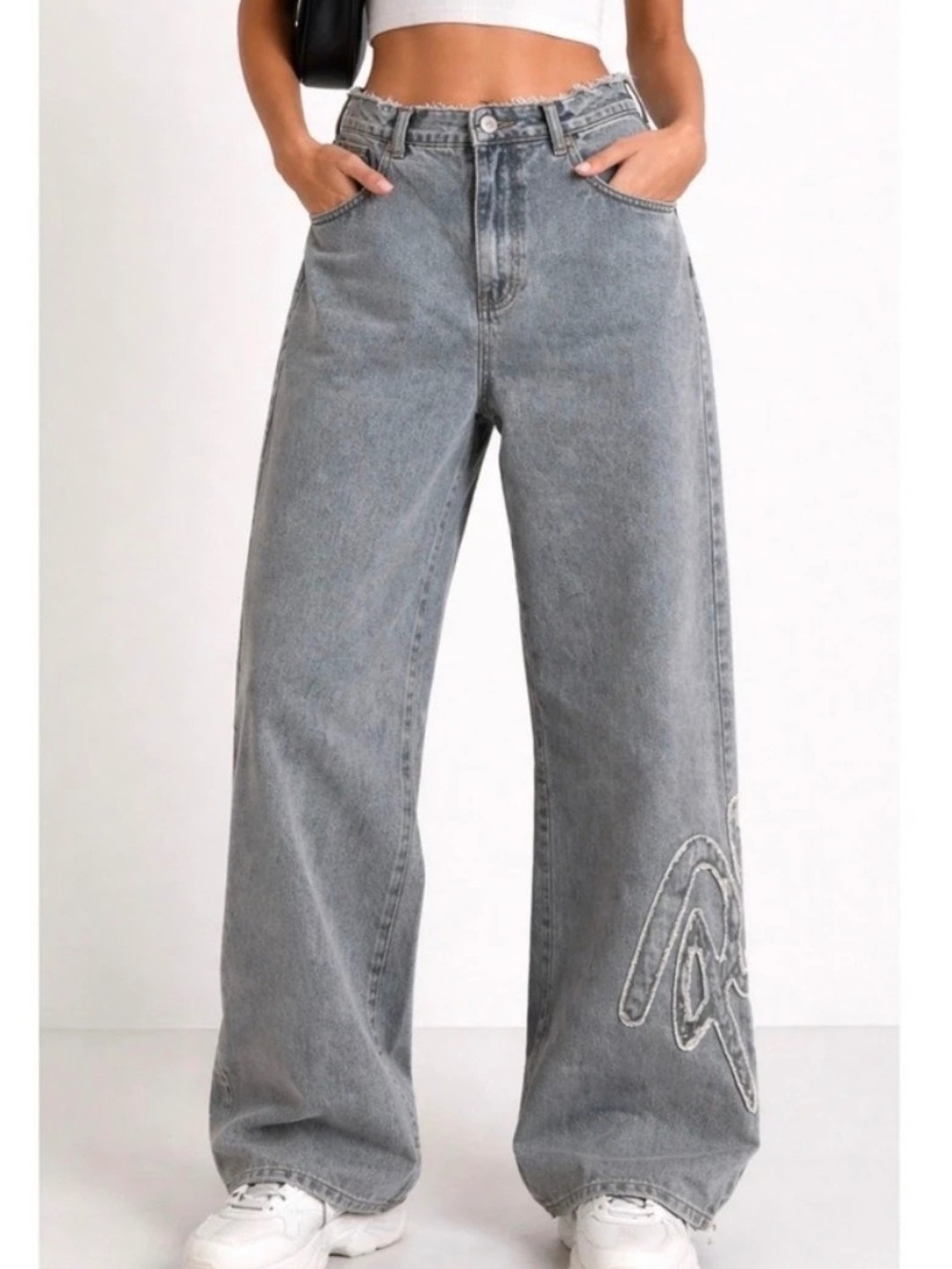 PrettyLittleThing Acid Wash Wide-Leg Jeans with Embroidered Detail